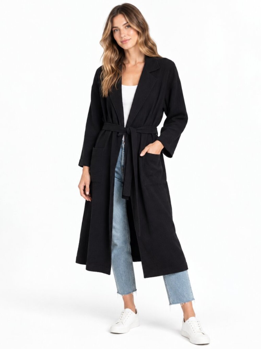 The Lady & The Sailor Belted Coat Black Cotton Gauze Duster Size 2 S/M
